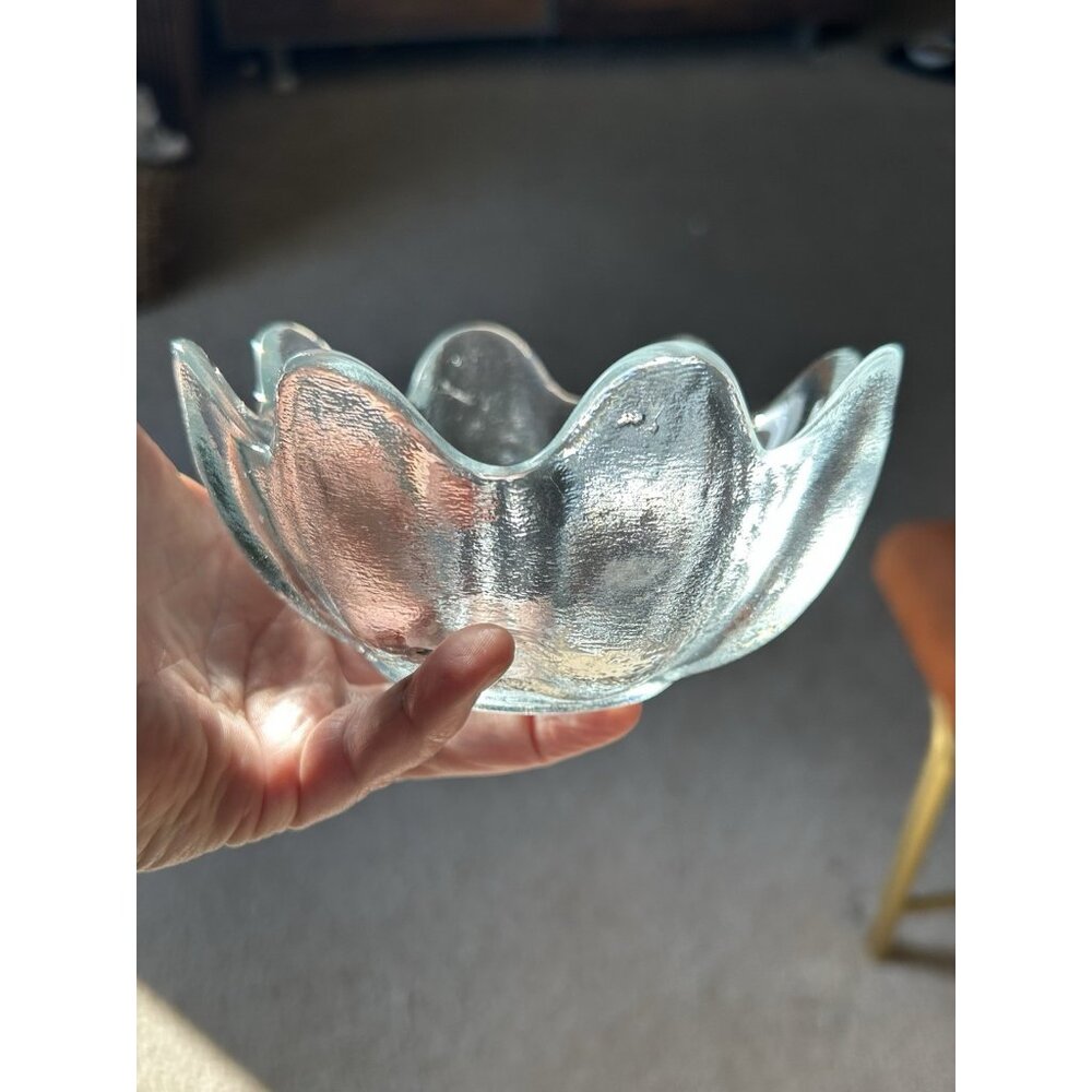 Vintage Blenko Small Lotus Bowl Textured Art Glass Clear 8 Petal Mid Century Mod